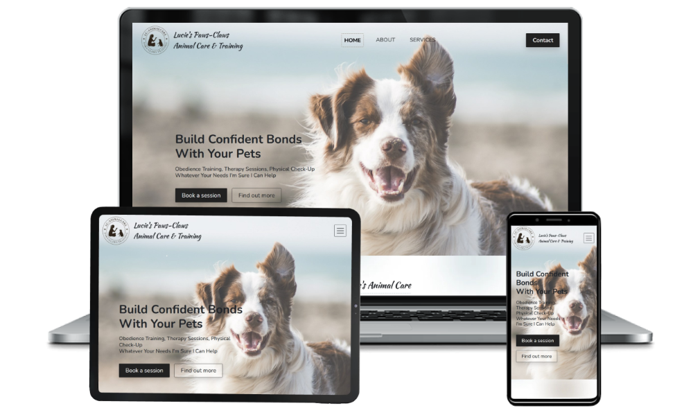 Website for Lucie's Paws-Claws Animal Care displayed on mobile, tablet and laptop